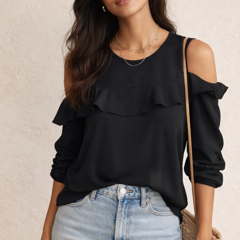 Banana Republic Black Cold-Shoulder Ruffle Top